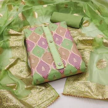 Women's green designer woven with jacquard dupatta organza jacquard dress material 2