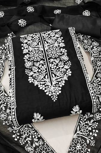 Women's black unstitched  embrodiery with designer embroidered dupatta chanderi cotton dress material 