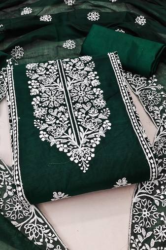 Women's green unstitched embrodiery with designer embroidered dupatta chanderi cotton dress material 