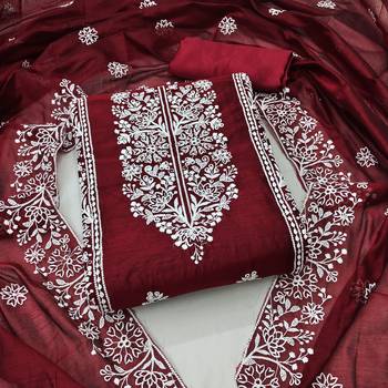 Women's maroon embrodiery with designer embroidered dupatta chanderi cotton dress material 1
