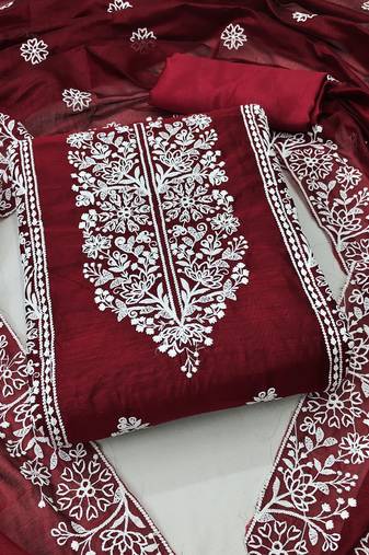 Women's maroon unstitched  embrodiery with designer embroidered dupatta chanderi cotton dress material 