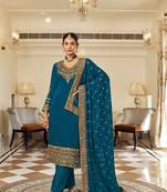 Dark blue color vichitra silk semi stitched embroidered salwar kameez