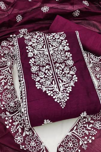 Women's purple unstitched  embrodiery with designer embroidered dupatta chanderi cotton dress material 