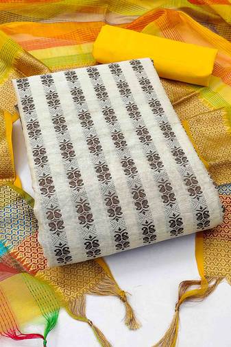 Women's multi unstitched designer weaving cotton jacquard dress material (snc6011ylw)