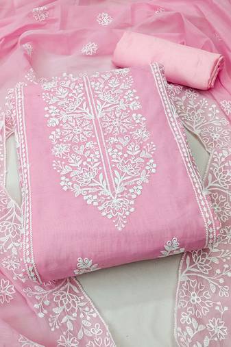 Women's pink unstitched  embrodiery with designer embroidered dupatta chanderi cotton dress material (mtmahipnk)