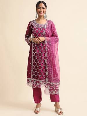 Wine embroidered faux georgette pakistani salwar suit 1