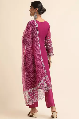 Wine embroidered faux georgette pakistani salwar suit