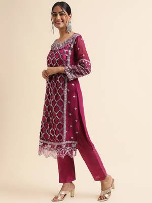 Wine embroidered faux georgette pakistani salwar suit 3