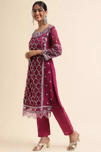 Wine embroidered faux georgette pakistani salwar suit