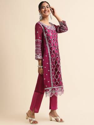 Wine embroidered faux georgette pakistani salwar suit 4