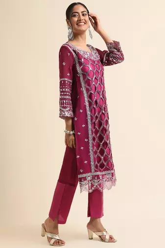 Wine embroidered faux georgette pakistani salwar suit