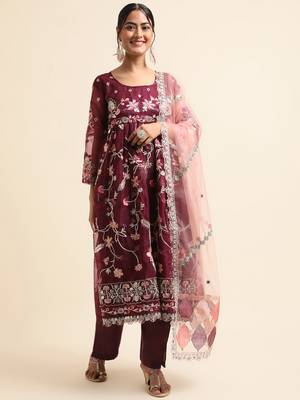 Wine embroidered organza pakistani salwar suit 1