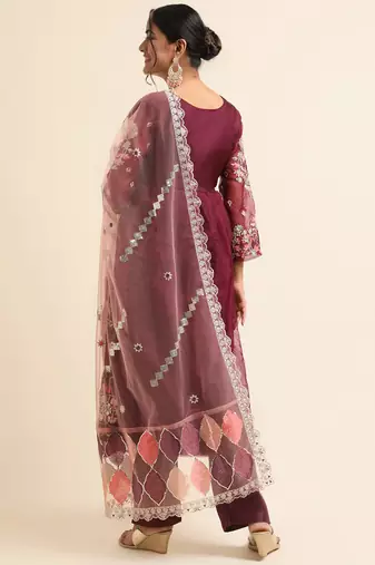 Wine embroidered organza pakistani salwar suit