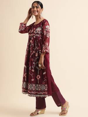 Wine embroidered organza pakistani salwar suit 3