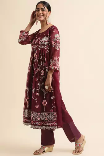 Wine embroidered organza pakistani salwar suit