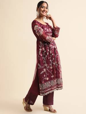Wine embroidered organza pakistani salwar suit 4