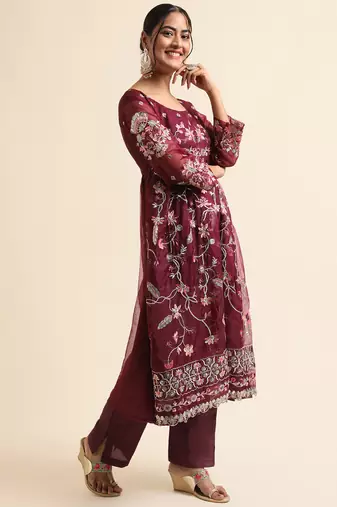 Wine embroidered organza pakistani salwar suit