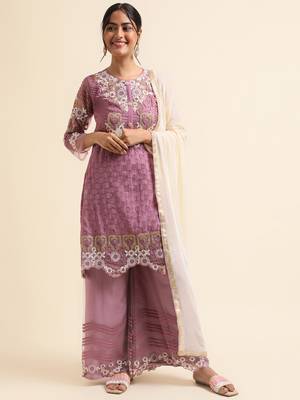 Mauve embroidered faux georgette pakistani palazzo suit 1