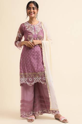 Mauve embroidered faux georgette pakistani palazzo suit