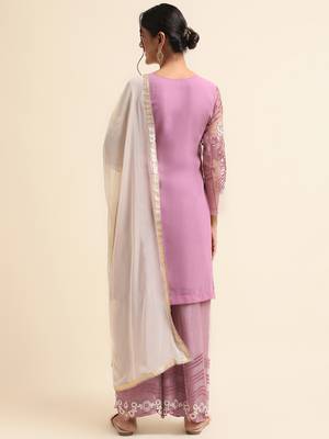 Mauve embroidered faux georgette pakistani palazzo suit 2