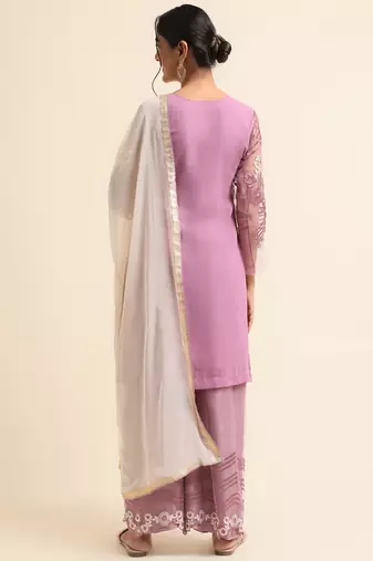 Mauve embroidered faux georgette pakistani palazzo suit
