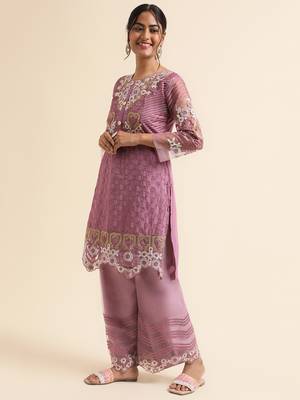 Mauve embroidered faux georgette pakistani palazzo suit 3
