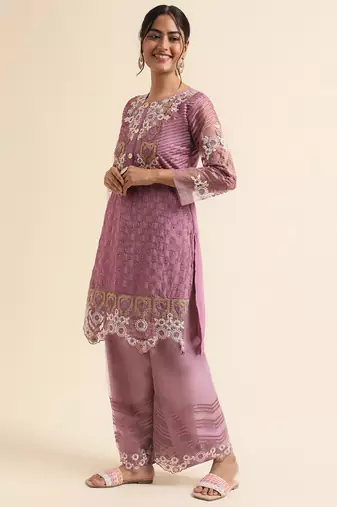 Mauve embroidered faux georgette pakistani palazzo suit