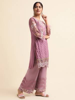 Mauve embroidered faux georgette pakistani palazzo suit 4