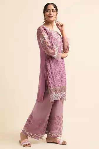 Mauve embroidered faux georgette pakistani palazzo suit