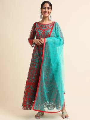 Green embroidered net anarkali salwar suit 1