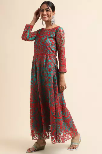 Green embroidered net anarkali salwar suit