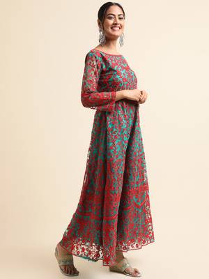 Green embroidered net anarkali salwar suit 4