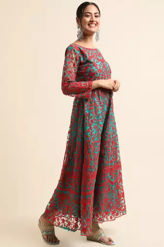 Green embroidered net anarkali salwar suit