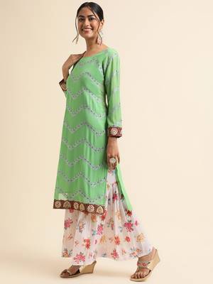 Green embroidered faux georgette sharara salwar kameez 3