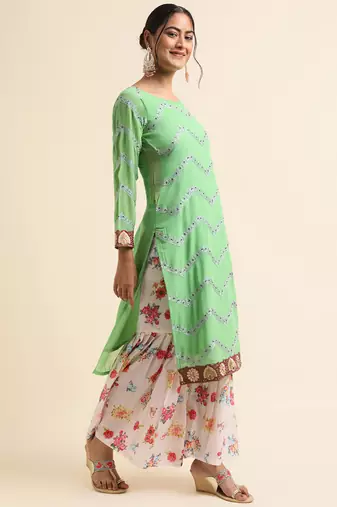 Green embroidered faux georgette sharara salwar kameez