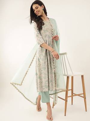 Pista Color Sequence Embroidered and Printed Cotton Kurta, Pant and Dupatta set 1