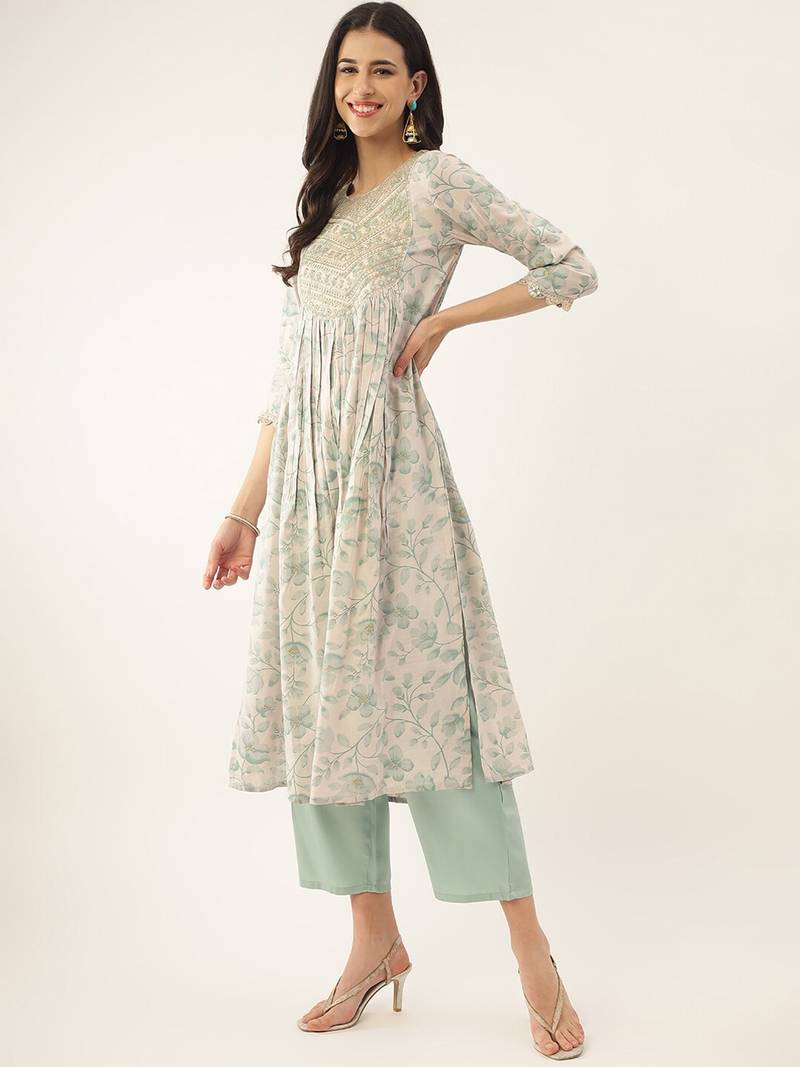 Pista Color Sequence Embroidered and Printed Cotton Kurta, Pant and Dupatta set