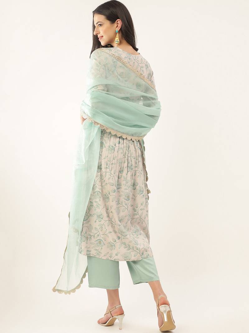 Pista Color Sequence Embroidered and Printed Cotton Kurta, Pant and Dupatta set