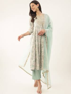Pista Color Sequence Embroidered and Printed Cotton Kurta, Pant and Dupatta set 4