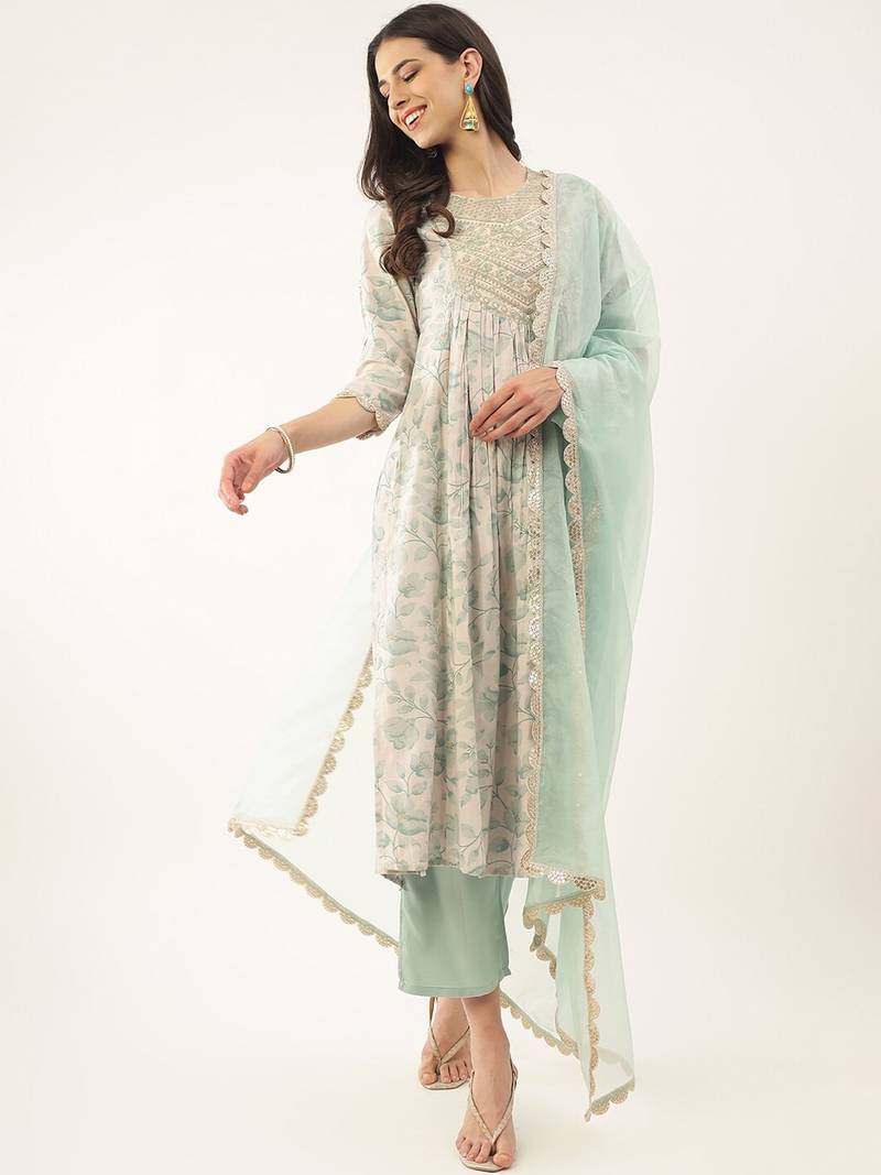 Pista Color Sequence Embroidered and Printed Cotton Kurta, Pant and Dupatta set