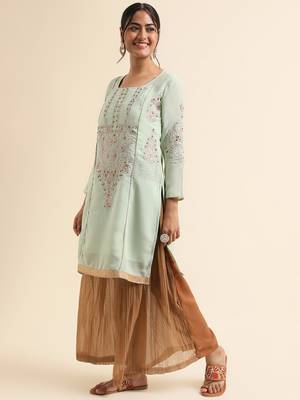 Green embroidered faux georgette palazzo salwar suit 3