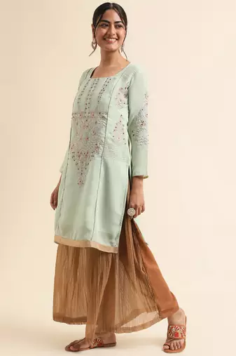 Green embroidered faux georgette palazzo salwar suit