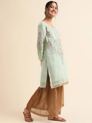 Green embroidered faux georgette palazzo salwar suit 4