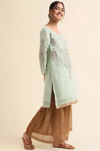 Green embroidered faux georgette palazzo salwar suit
