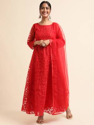 Red embroidered net pakistani salwar suit 1