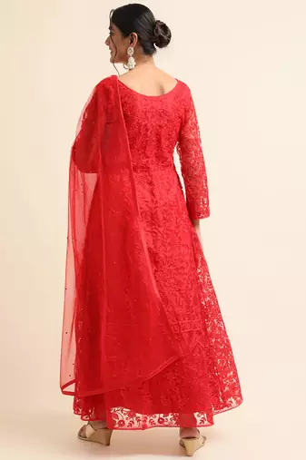 Red embroidered net pakistani salwar suit