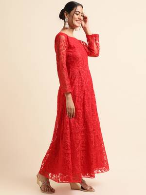 Red embroidered net pakistani salwar suit 4