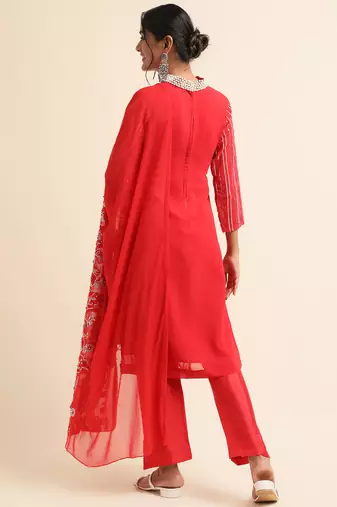 Red embroidered faux georgette pakistani salwar suit