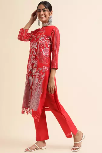 Red embroidered faux georgette pakistani salwar suit