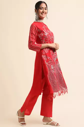 Red embroidered faux georgette pakistani salwar suit
